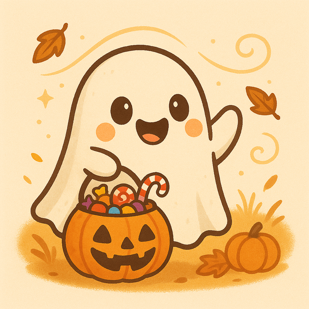Ghostie waving to you while holding a trick or treat bucket.