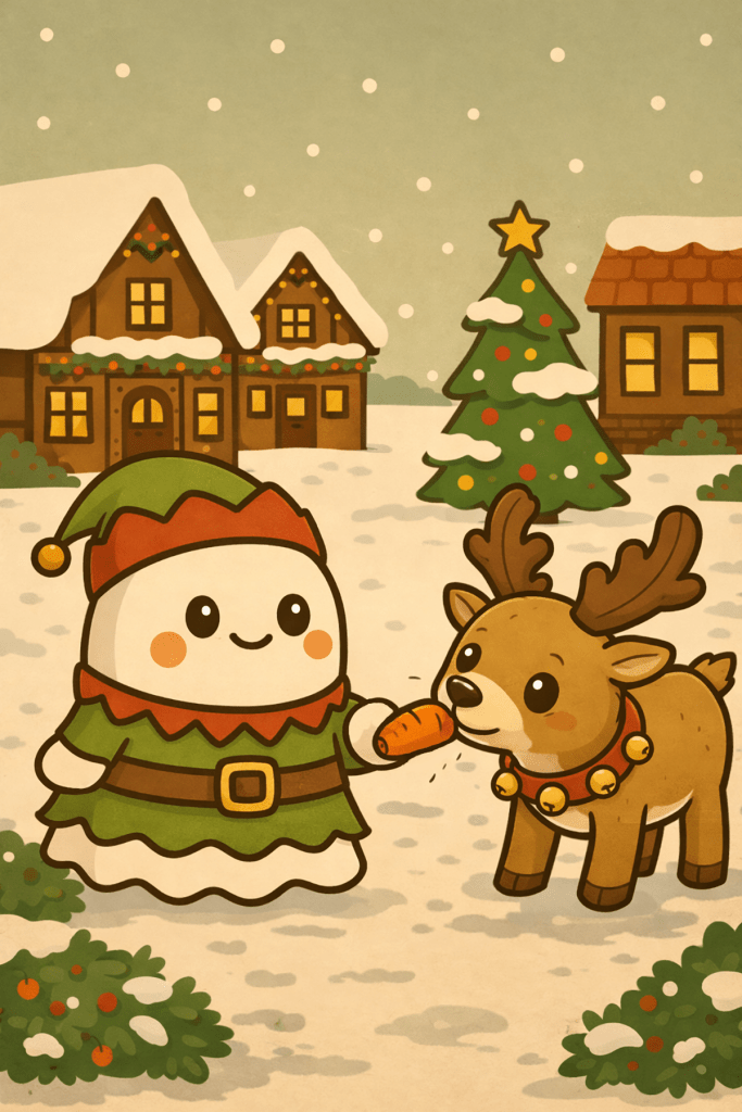 Elf Ghostie feeding a reindeer in the north pole