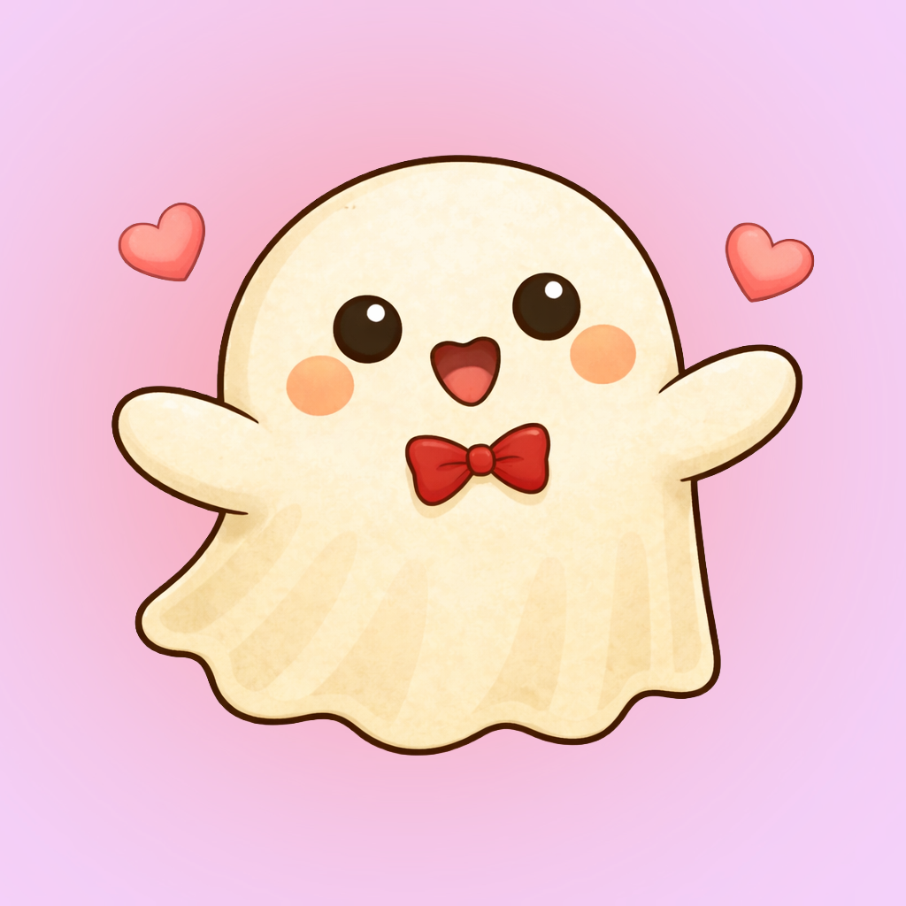 A cute cartoon ghost wearing a red bowtie and surrounded by pink hearts.