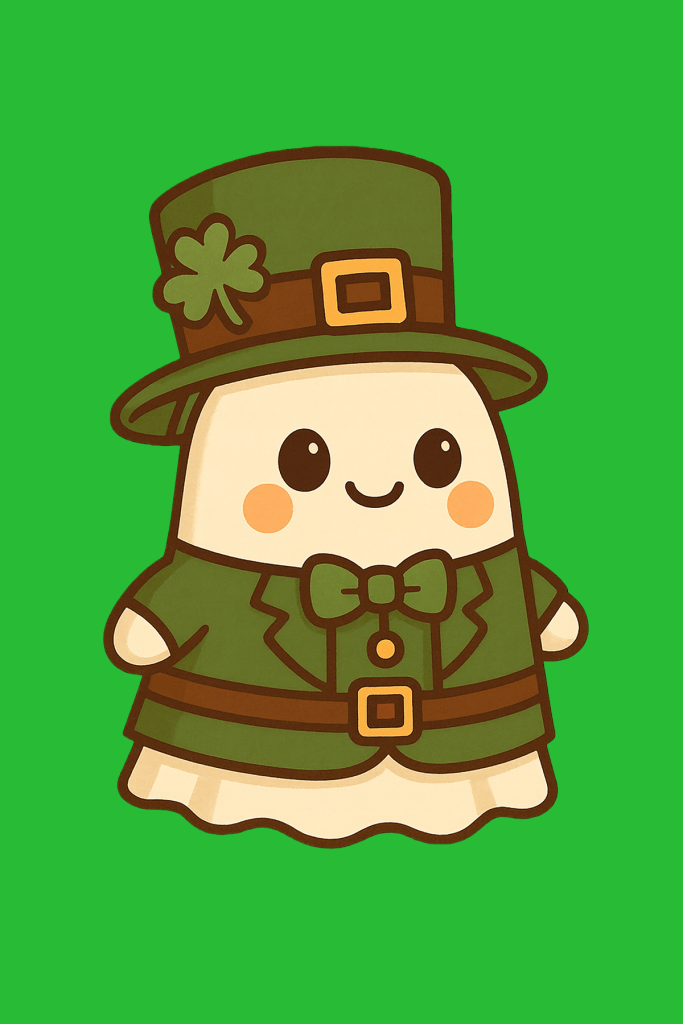Cute ghost character dressed in a green leprechaun outfit and hat
